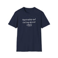 Navy blue t-shirt with a yellow star and text on a white background