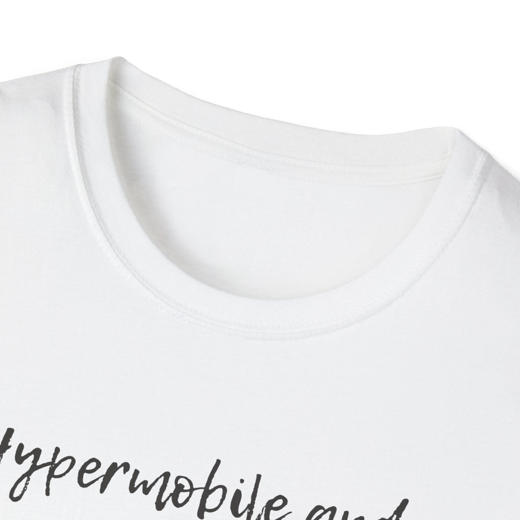 White t-shirt neckline with black text on a white background