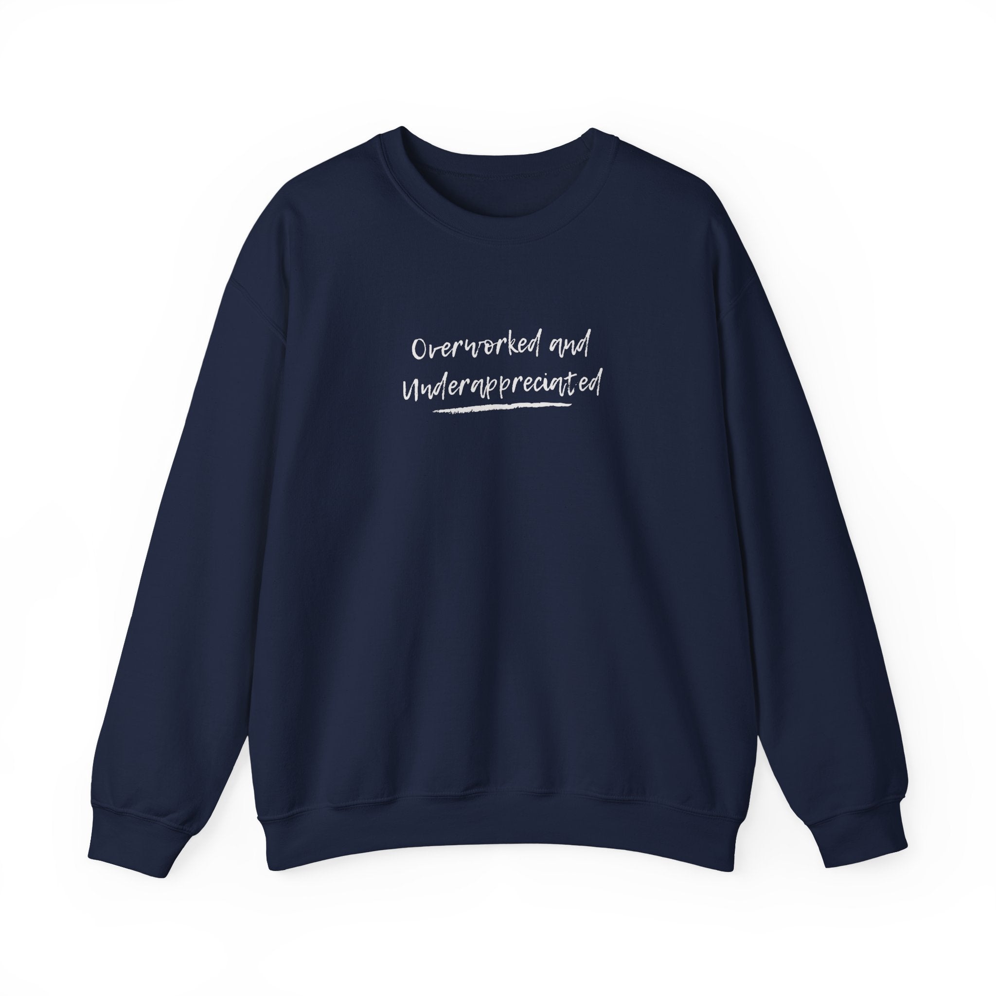 Navy blue sweatshirt with a small logo on a white background