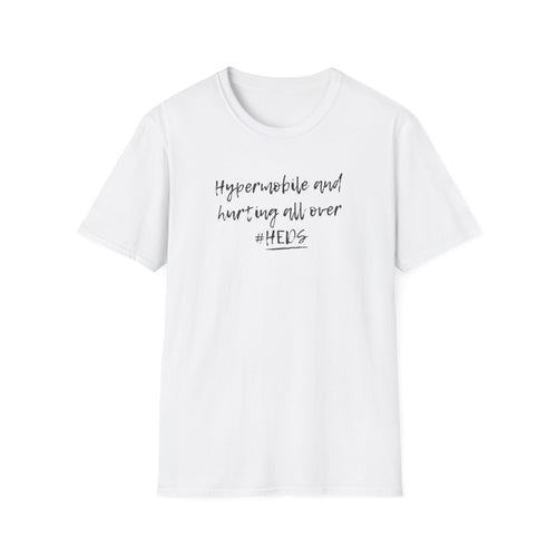 White t-shirt with black text on a white background