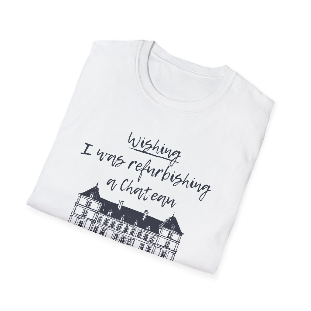 White t-shirt with black text and graphic of a chateau on a white background