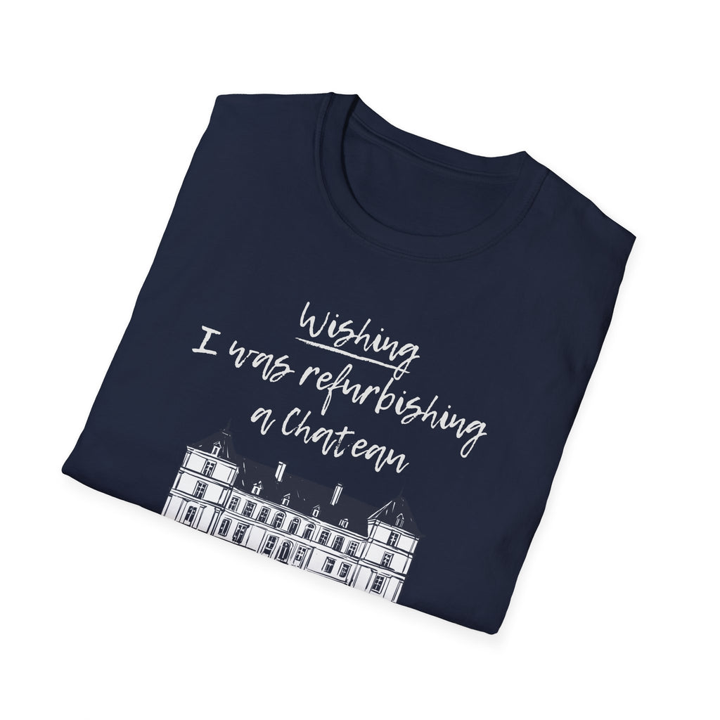 Navy t-shirt with white text on a white background