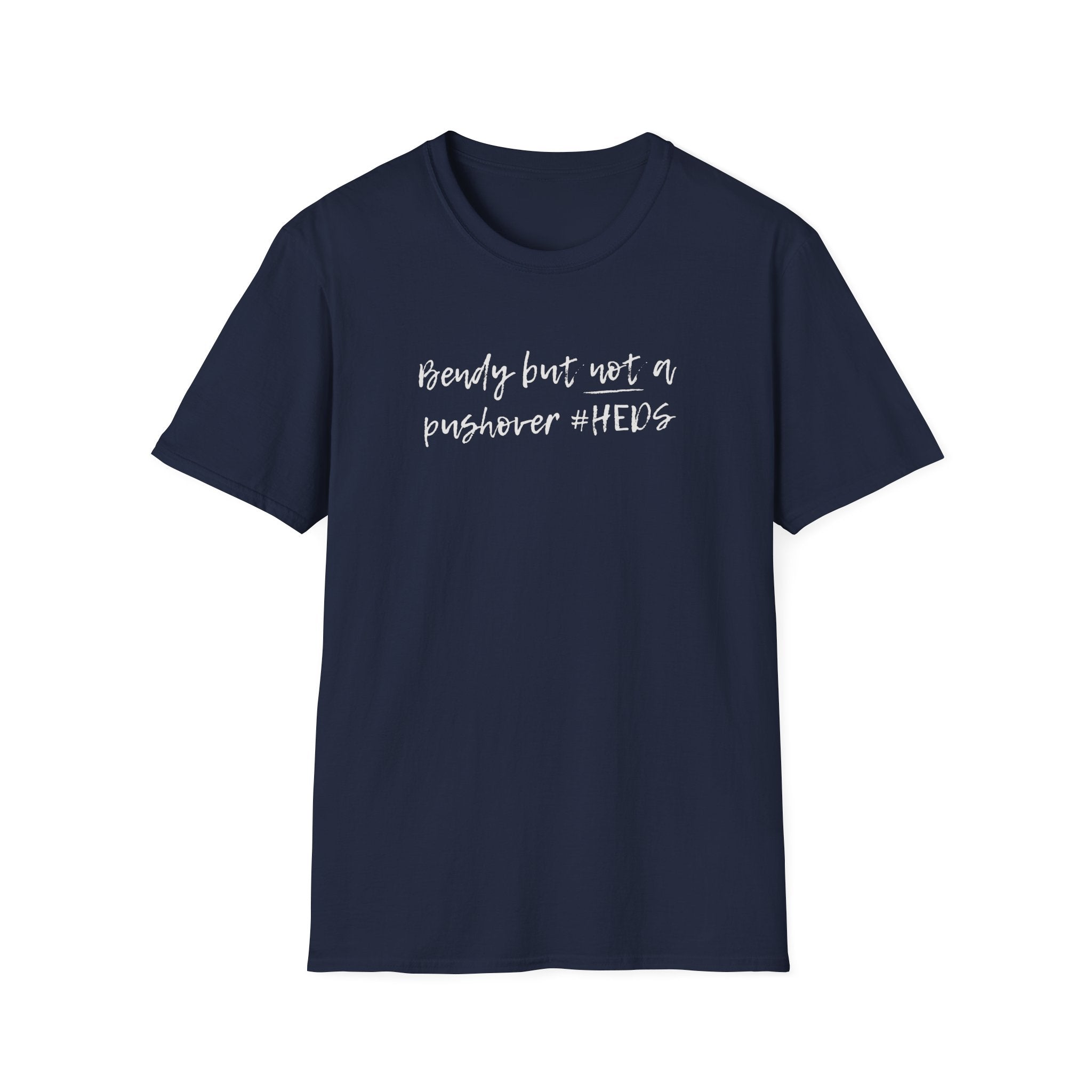 Grey Softstyle t-shirt with the slogan "Bendy But Not A Pushover" 