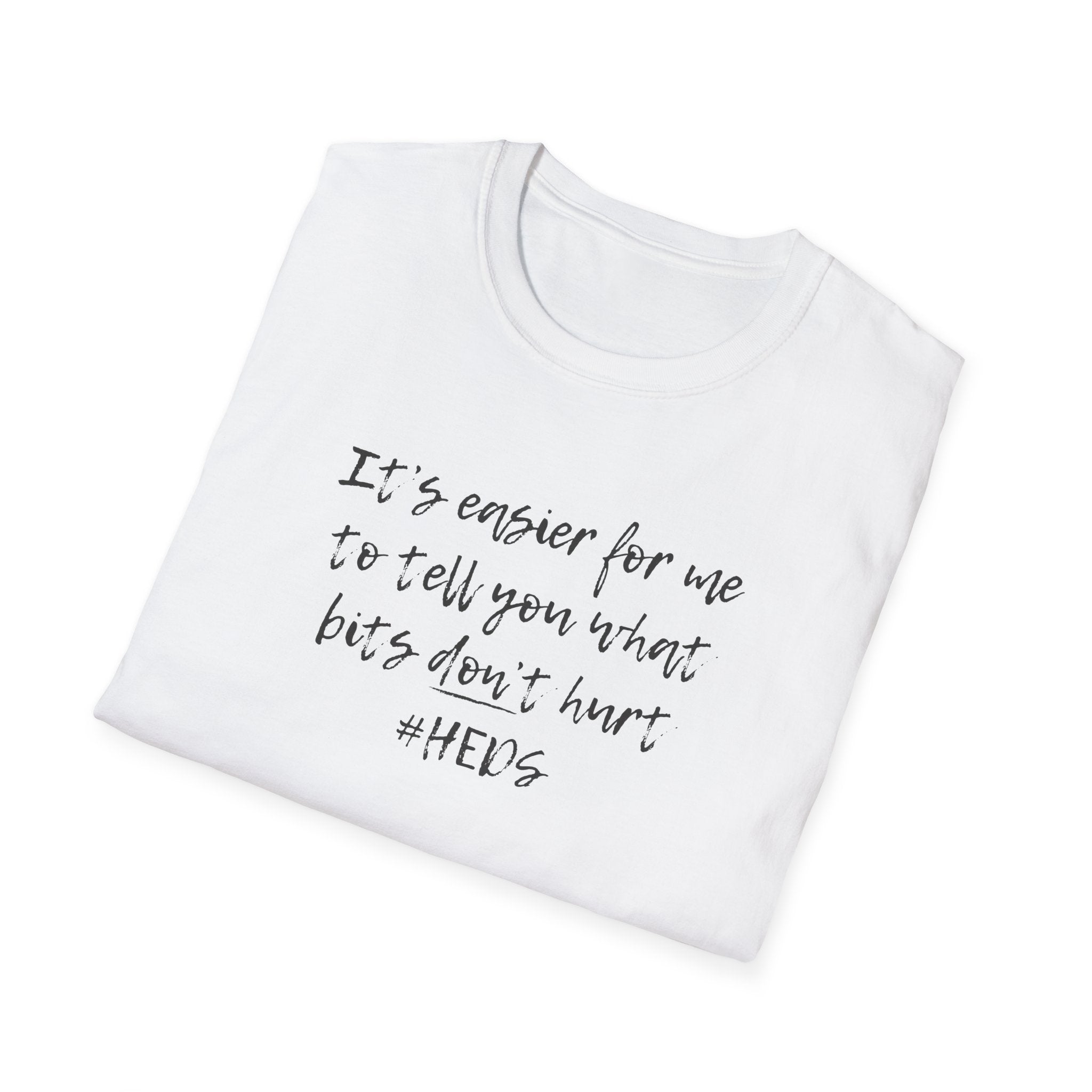 White t-shirt with black text on a white background