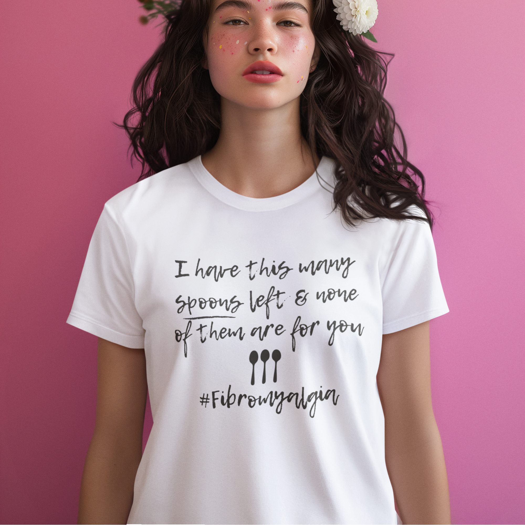 A person wearing the "No Spoons Left" shirt in a relaxed fit. Soft, non-restrictive apparel for chronic illness warriors navigating a flare-up or low-energy day.