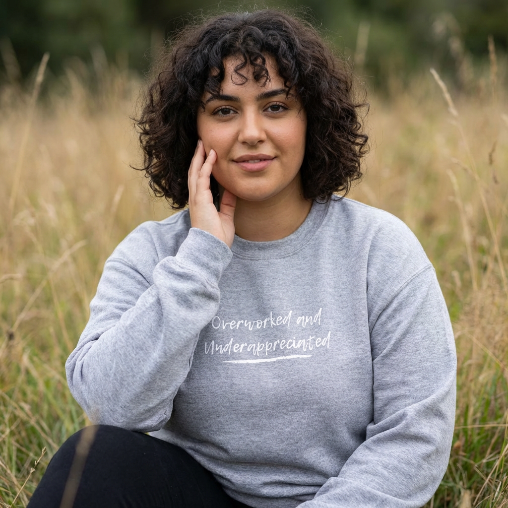 Woman wearing a gray sweatshirt with text, sitting in a field.