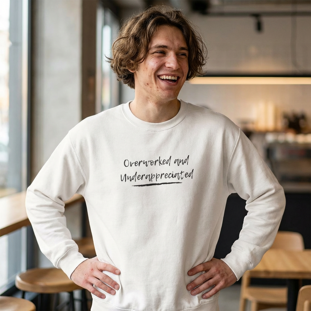 Man wearing a beige sweatshirt with text saying 'overworked and underappreciated', standing outdoors.