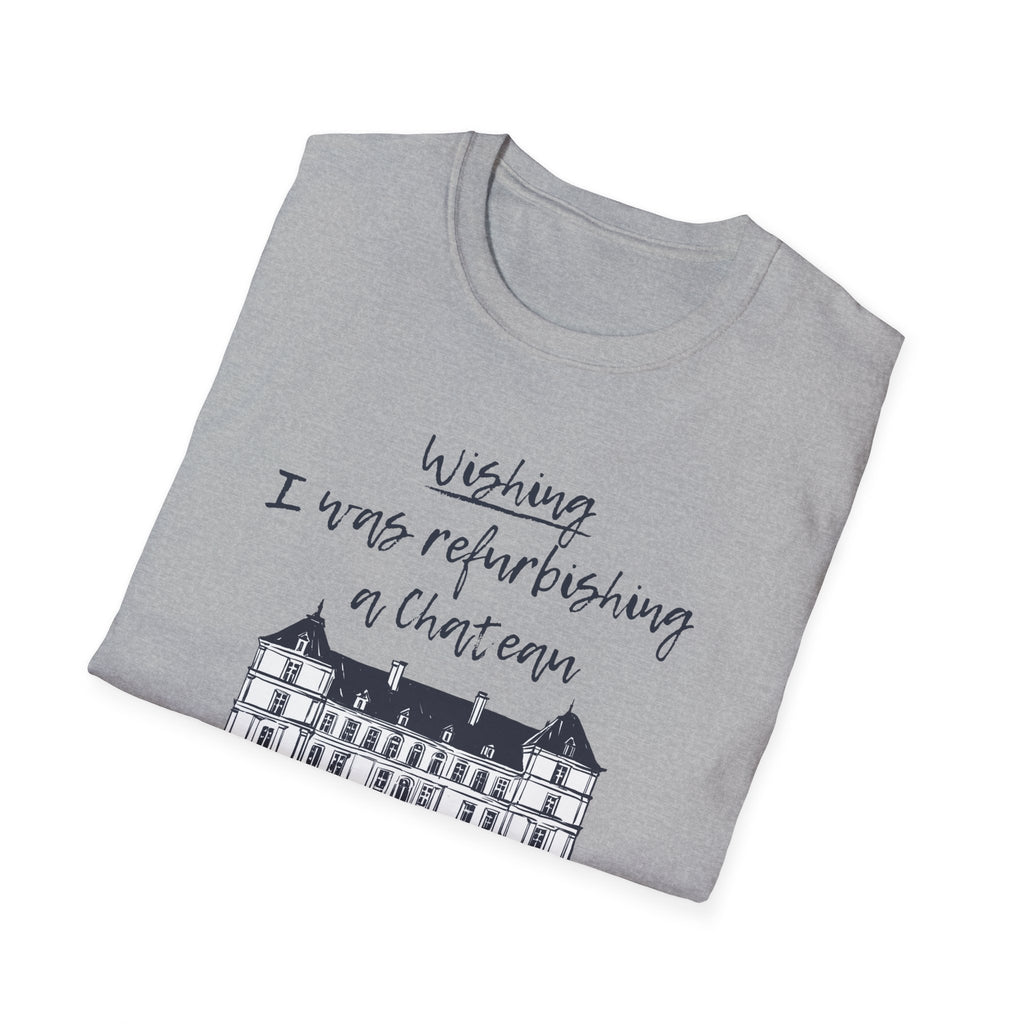 Folded gray t-shirt with text and chateau illustration on a white background