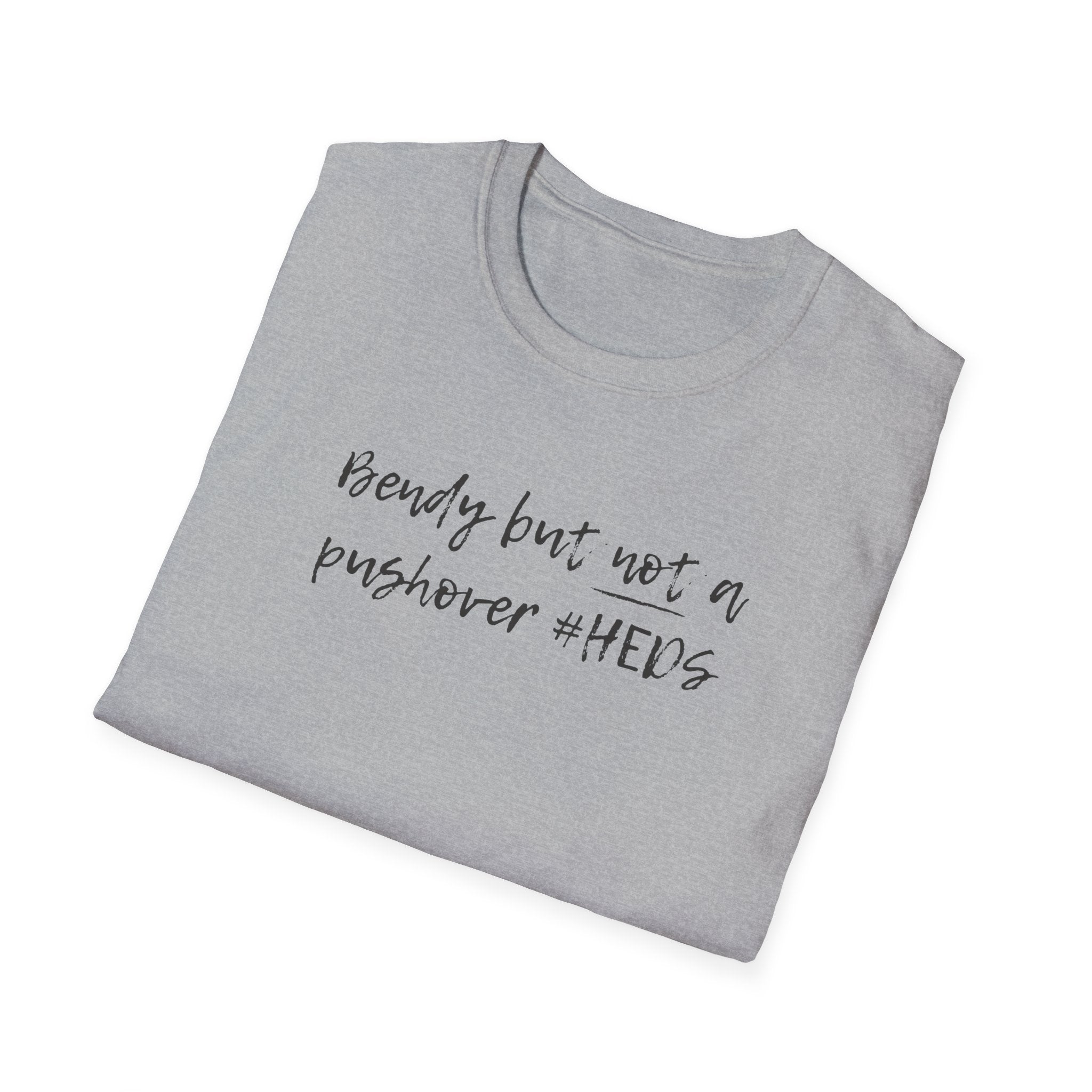Folded gray t-shirt with text on a white background