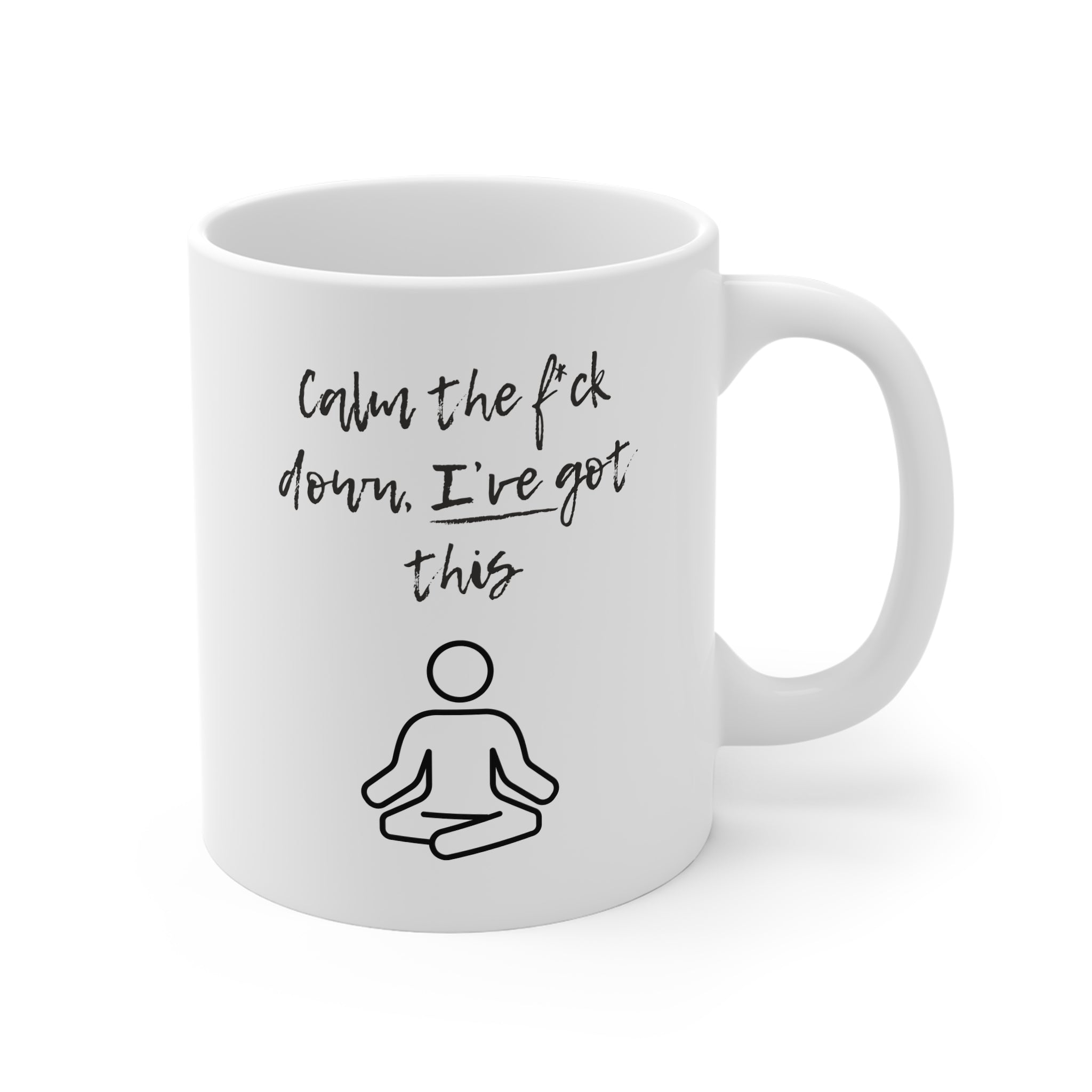 White mug with black text and a minimalist figure on a white background. burnout gift mug.
