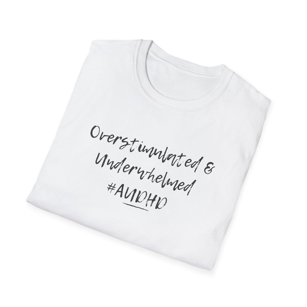 Close-up of the smooth, tagless interior on the "Overstimulated" tee. Designed for autistic and ADHD individuals with sensory processing sensitivities to prevent tactile irritation.