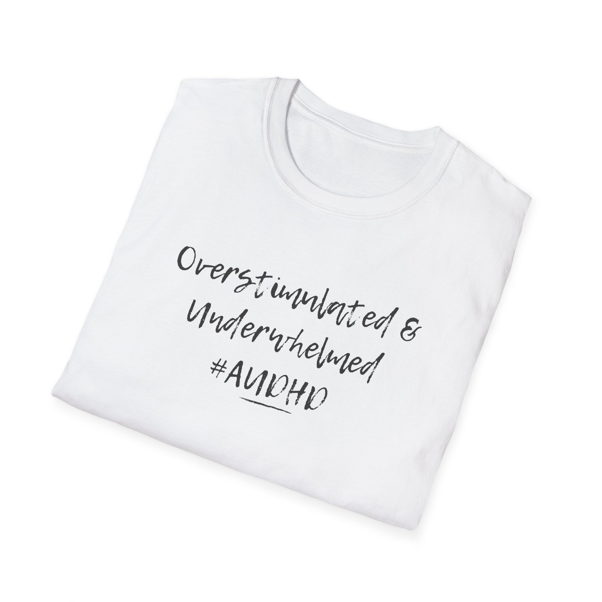Close-up of the smooth, tagless interior on the "Overstimulated" tee. Designed for autistic and ADHD individuals with sensory processing sensitivities to prevent tactile irritation.
